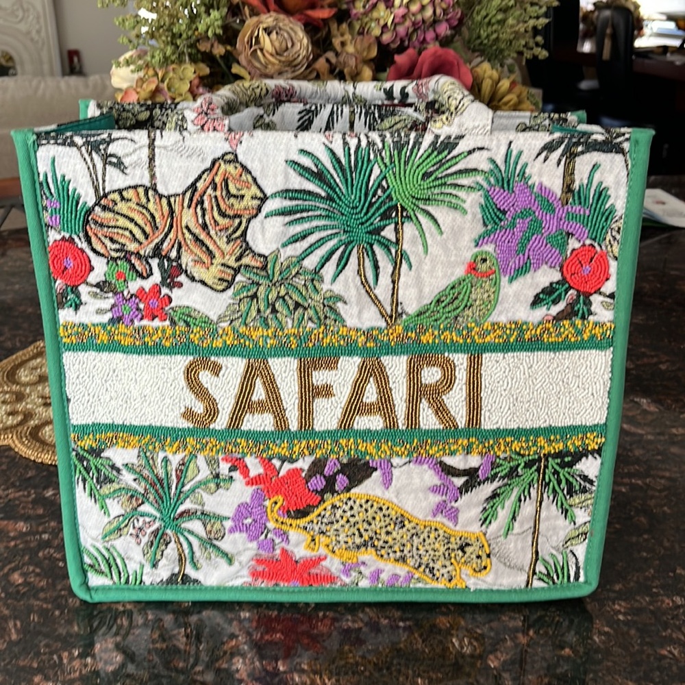A&B Green and Brown Safari Beaded Tote Bag With Tropical Print